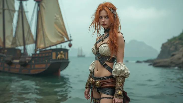 High quality, high definition photo of a very beautiful slender young sexy woman with red hair and a pirate costume standing in front of a boat, as a medieval fantasy character, karol bak uhd, still from a fantasy movie, pirate sexy woman, fantasy style 16...