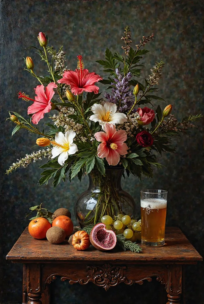 Fais moi une peinture nature morte dans une pièce sombre.
Un vaste avec des fleurs varié dont des hybiscus et du chanvre.
Sur une belle table menuiserie sur laquelle est posé un fruit de la passion, un kiwi, du raisin et une nectarine et une verre à
Une fe...