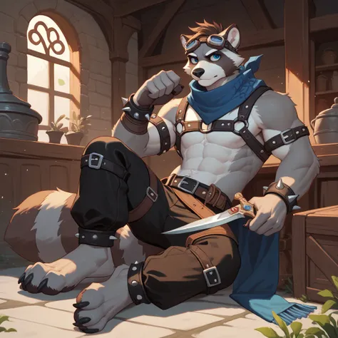 solo, furry, raccoon, grey body, spiked brown hair, Detailed body fur, long blue scarf, leather_harness, black baggy pants, goggles, masterpiece, gray body, Detailed face, big eyebrows, blue eyes, detailed eyes, No muscles, Detailed hands, Flat body, Skinn...