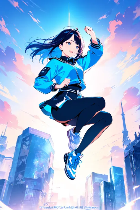 official art, Unity 8K Wallpaper, Ultra High Definition, 1 girl, ( jumping high ), Beautiful and intelligent face, masterpiece, best quality, Fantastic Atmosphere, Calm Palette, Calm Atmosphere