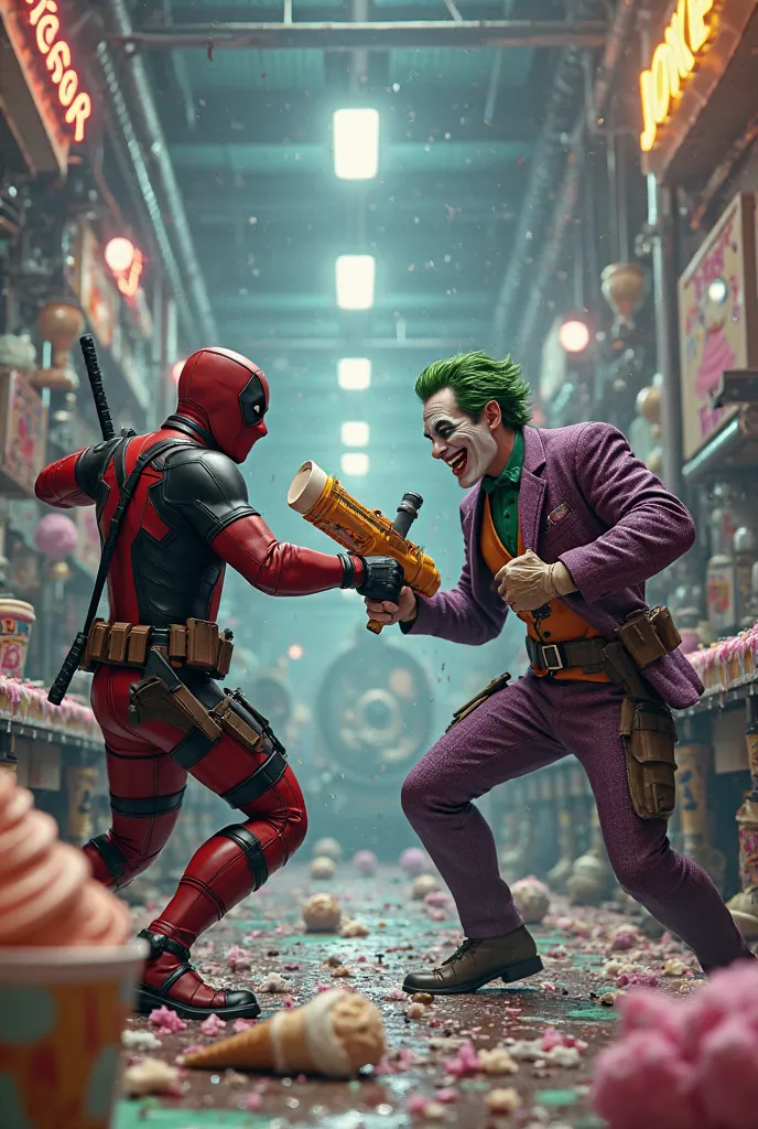 A highly detailed 3D-style scene of Deadpool and the Joker engaged in an intense fight inside a chaotic ice cream factory. The massive industrial space is dimly lit, with flickering neon signs and old machinery lining the walls. Conveyor belts covered in m...