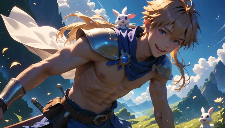 a skinny boy, younger than aged 20 old, with splendid long blond hair, he is tanned, with a sweet facial expression, he is in an enchanted forest dressed like a fantasy archer warrior with an happy white bunny near him, he is naked, hairless body, slim abs...
