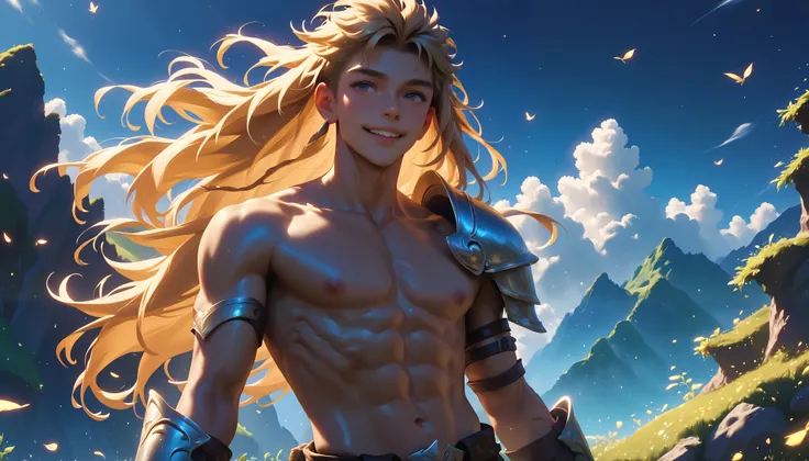 a skinny boy, younger than aged 20 old, with splendid long blond hair, he is tanned, with a sweet facial expression, he is in an enchanted forest dressed like a fantasy archer warrior with an happy white bunny near him, he is naked, hairless body, slim abs...
