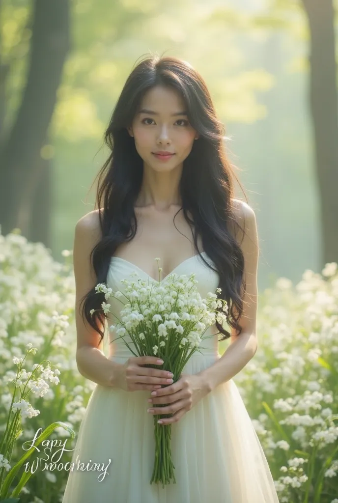 A beautiful young woman with long, flowing black hair stands gracefully in a misty spring forest filled with delicate lily-of-the-valley flowers fading into a dreamy haze. She wears an elegant white gown that softly drapes around her, blending harmoniously...