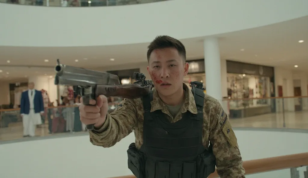 a Korean military man carrying a gun, and as if pointing his gun forward, his face and military clothes have blood stains, he looks angry his mouth is open and seems to be shouting forward as if staring at someone in front of him, wearing a bulletproof ves...