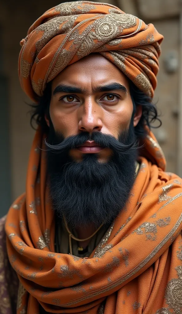 A beautiful person who has a beautiful mustache, a beautiful beard, brown eyes, wears a robe from the pre-Islamic era and wears a turban from the pre-Islamic era 