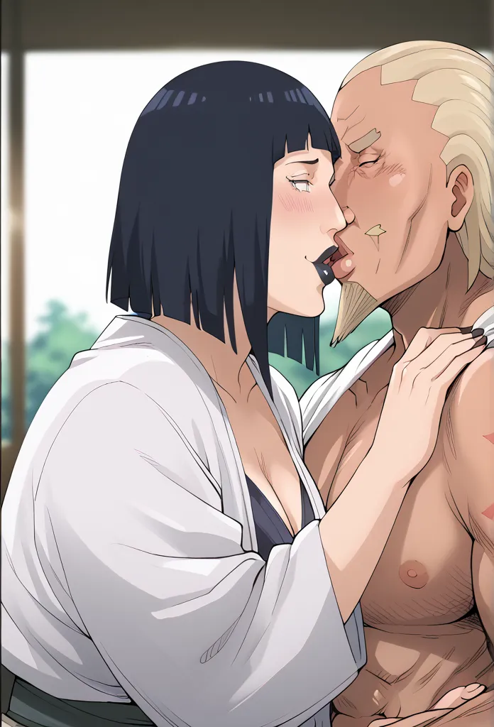 score_9, score_8_up, score_7_up, score_6_up, score_5_up, score_4_up,  mature man and woman、2 people、black man、white woman on the side、Raikage、Hinata、 Kissing Hi-Res, thick lips、 blushes, Black lipstick、 kiss marks 、男の首筋に黒い kiss marks 