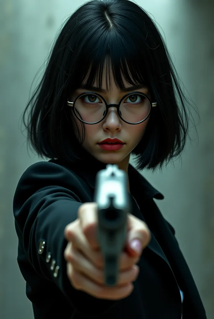 Girl in black hair and black round glasses and gun 