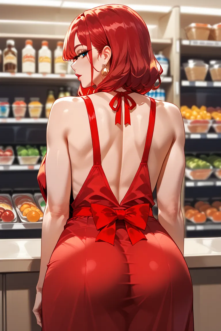 A young woman from back view with vibrant red hair, positioned slightly to the left of center within the frame, is featured in a stylized illustration.  She is looking towards the viewer with a pleasant expression and is leaning slightly against a supermar...