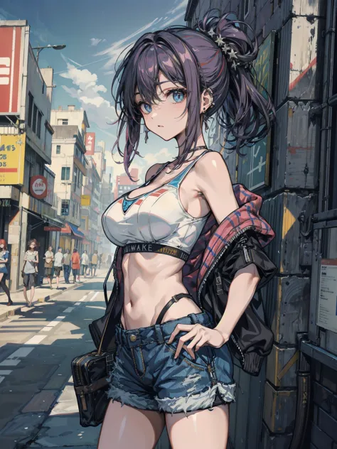 earring, big breasts, narrow waist, short hair, wavy hair, hair behind ear, half updo, black hair, looking at viewer, cowboy shot, streetwear, midriff, shorts, off shoulder, ((bare arms)),