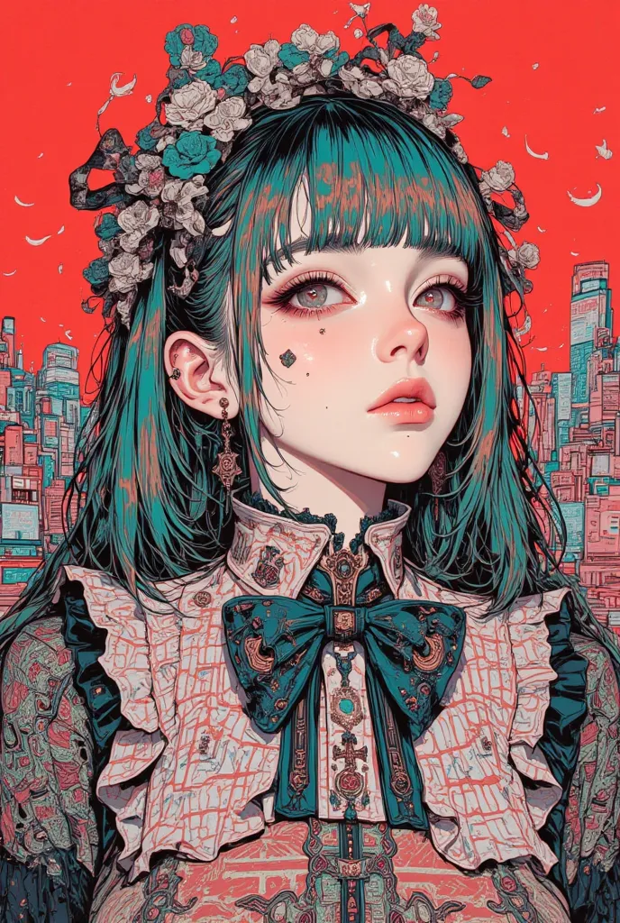 Long and short hair in random colors   ,    collar and bow tie  ,   feminine gothic aesthetics    , Close up details, Detail shot,    with clear details  ,   Artilove blow style      , Silkscreen Art   ,     check shirt  ,    frill shirt 、Extra Fine Ink de...