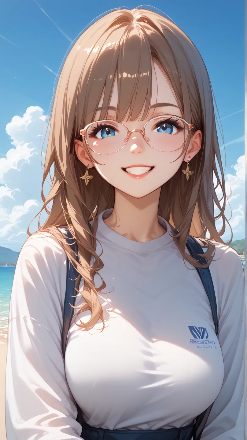 1 girl、anime touch、masterpiece、top quality、smile、looking at camera、standing、strand、blue sky、brown long hair、Glasses、light blue rash guard 