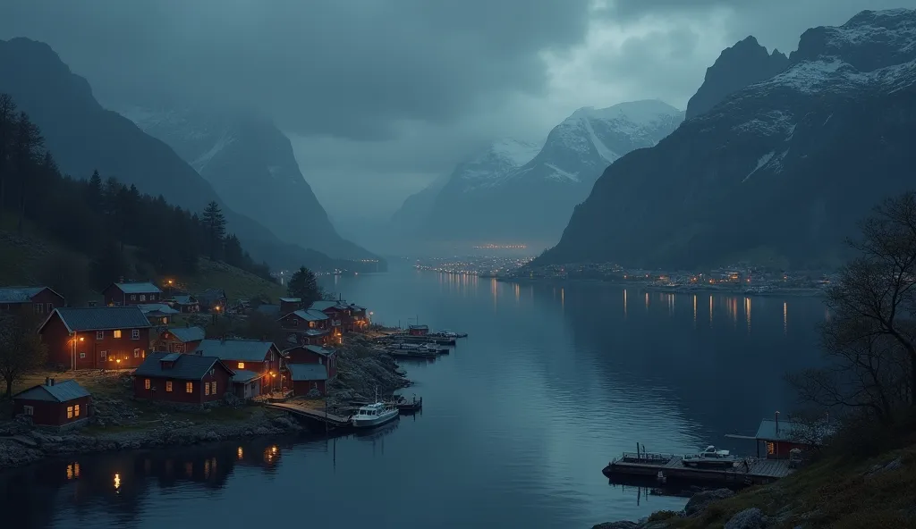 fjord village from above, overcast, night