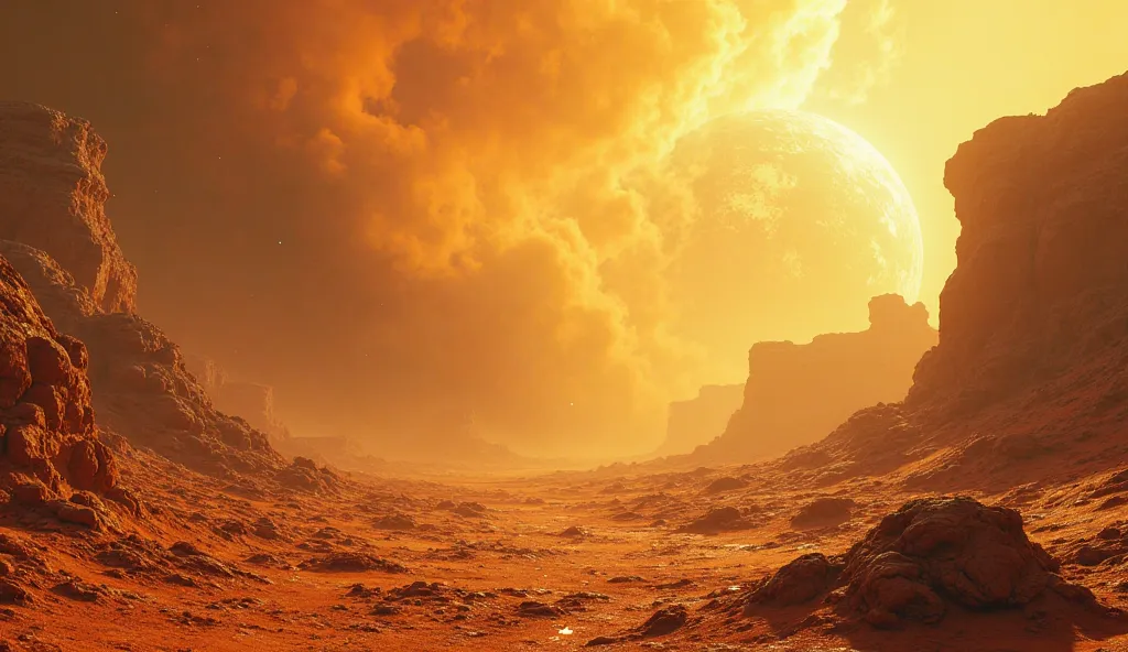 Image that represents the surface of Venus, showing its thick and toxic atmosphere with sulfuric acid showers