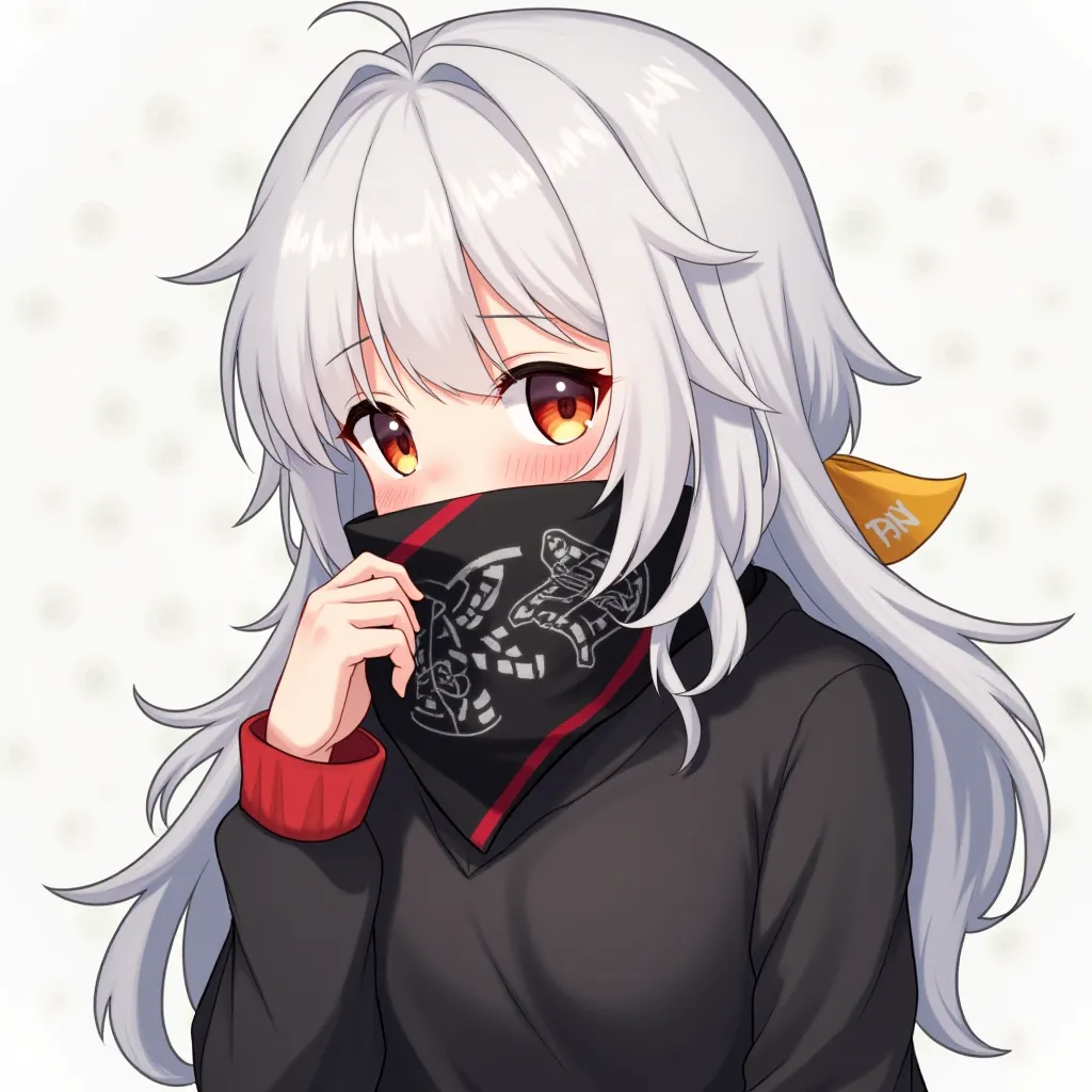 Girl with white hair and little red cuffs at the base and yellow on the tip, with a black sweatshirt up to the neck and that it has a handkerchief from your nose to the top of your chest, Let the scarf be black with white and red