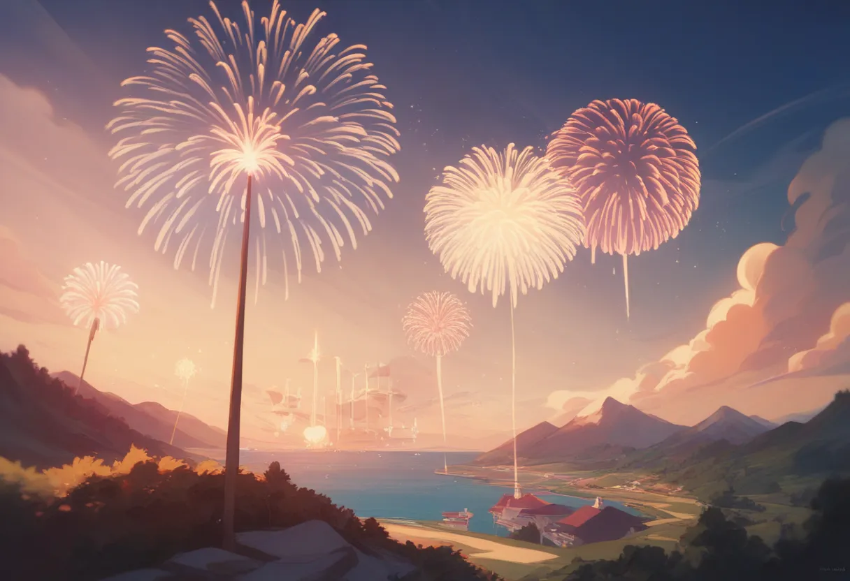 Detailed Digital Art、Fireworks Paintings、Highly Detailed Landscape Paintings、Great colors、Lots of fireworks、Detailed Digital Art、digital painting、Colorful Launch Fireworks、Fantastic Launch Fireworks、8k amazing work 、