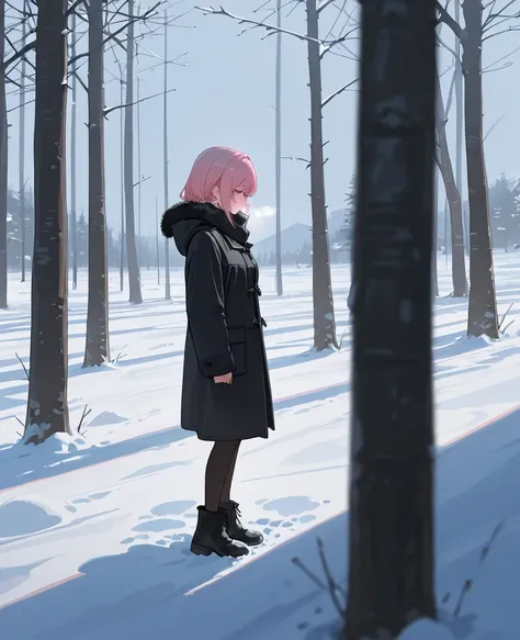 1 girl, standing in winter, sad, black outfit, coat, pink hair