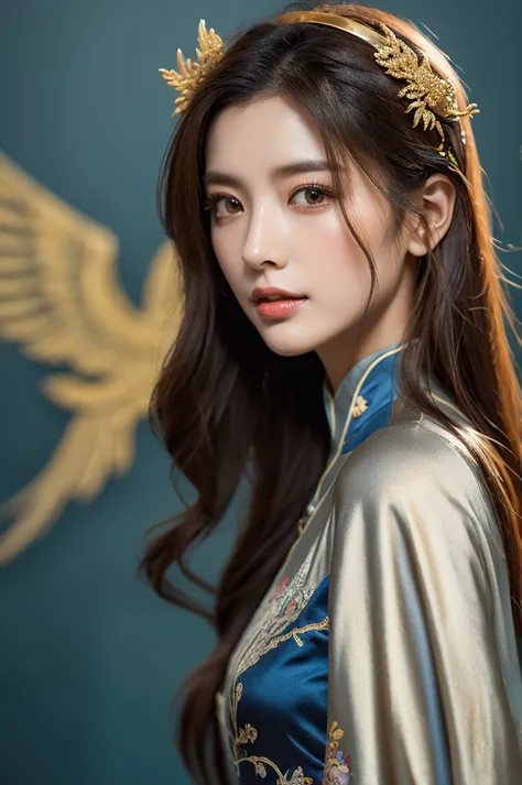 painting，Extremely delicate，Ancient Beauty，Flowing Hair， Glamorous Eyes ，rosy cheeks，cool and timeless face，bright silver ancient gold Suzhou embroidery costume， hollow dark lines ，High-end headgear，Gorgeous Xiang Yu， ethereal atmosphere ，Fairy air， subtly...