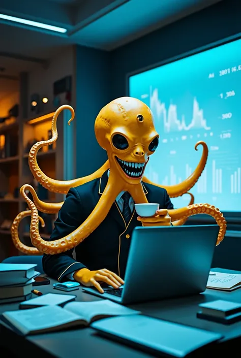 A hyperrealistic yellow alien octopus with a round head,  small black eyes , and a wide demonic smile with sharp teeth. He is wearing a black academic uniform with gold details and a waxing moon emblem, similar to that of Koro-sensei from Assassination Cla...