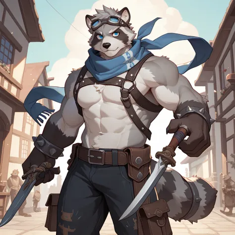 solo, furry, kemono, raccoon, grey body, spiked grey hair, Detailed body fur, long blue scarf, leather_harness, black baggy pants, goggles, masterpiece, gray body, Detailed face, big eyebrows, blue eyes, detailed eyes, No muscles, Detailed hands, Flat body...