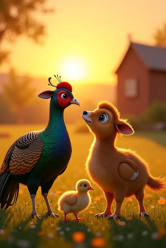 ---

8. Scene: The Pheasant with shimmring green and golden feathers and the with and black Cow Become Friends



Prompt:
A heartwarming scene where Bella the cow and Pino the pheasant stand close together, symbolizing their newfound friendship. The tiny c...