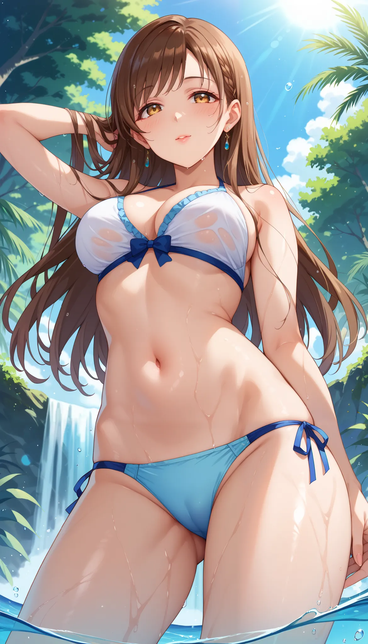 Nitta Minami、brown hair、long hair、light blue bikini、Spread leg pose、((low angle))、 medium breasts、 pool、 Ulchan-6500-v1.1, ( RAW photos :1.2),  beautiful detailed , very detailedな目、beautiful eyes, beautiful eyes、 yellow eyes、 large file size, High Resoluti...