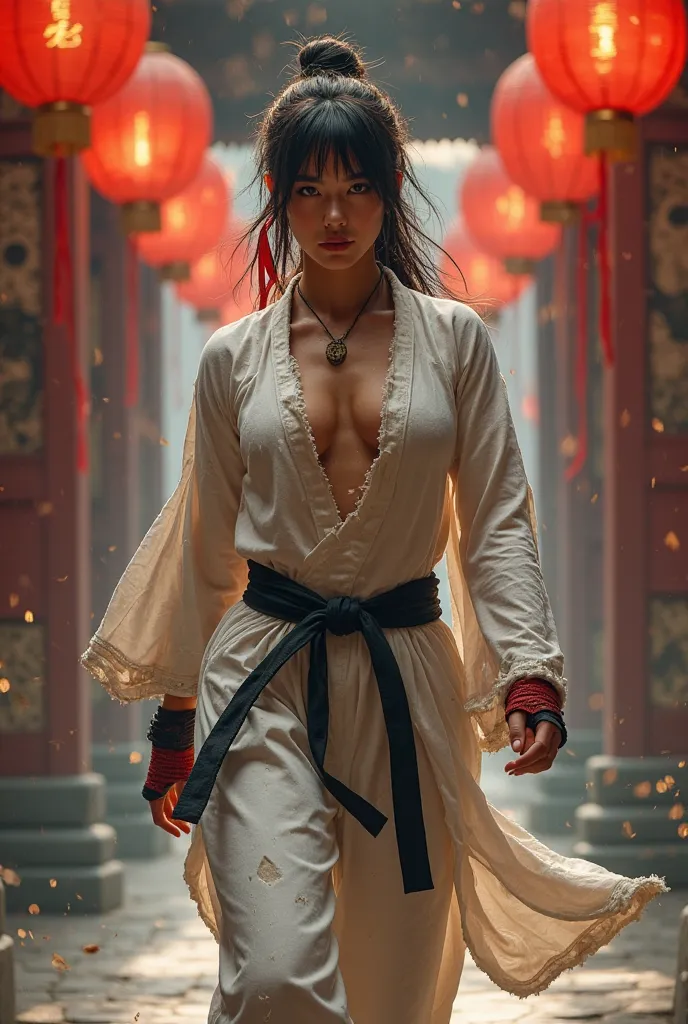 "una mujer de cuerpo completo, incredibly sexy and athletic, inspired by Ryu from Street Fighter, walking confidently through an ancient Chinese temple. He wears a torn and tight white gi, with a black belt tied firmly to his waist, highlighting his curvac...