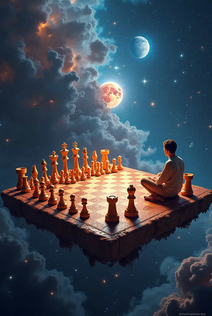 A person sitting at a giant chessboard that floats in space. The pieces are made of stars and planets, and across from them sits a glowing figure (God), moving the pieces with a smile. The background is a swirling galaxy, and the board seems to stretch int...