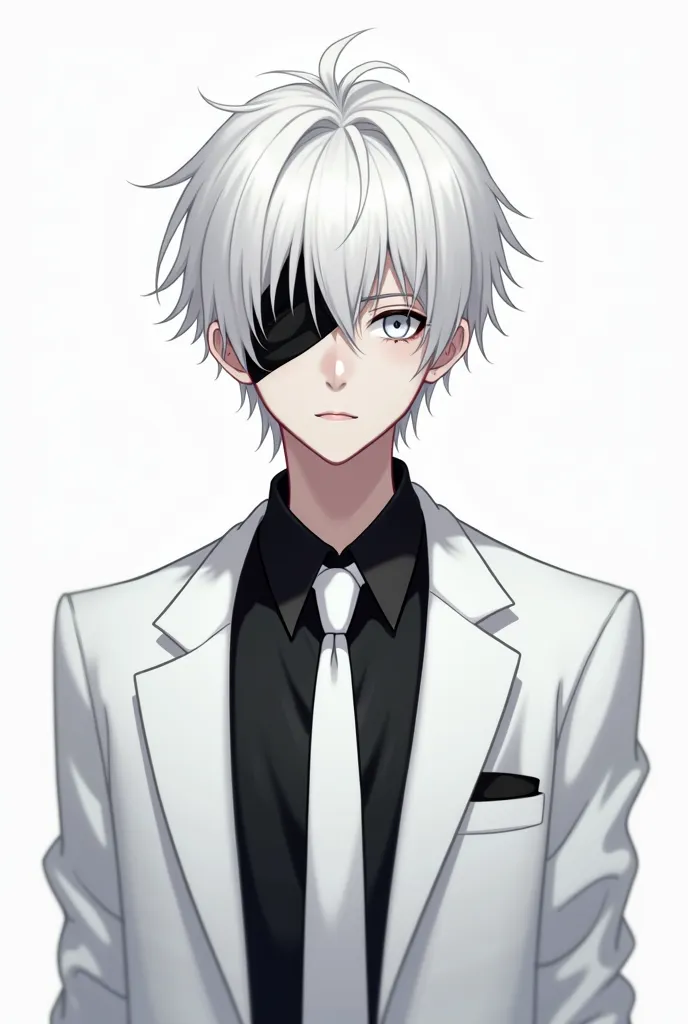 young man with white hair white jacket black shirt white tie white pants and white eyes and black anime bandage on white background
