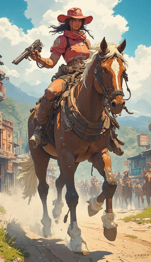 Cowgirl riding a running horse, (4 horse legs only), accurate horse legs, riding on the western town near the bank, red hat, intense, accurate, accurate gun, accurate images, from below
 ultra HD quality, 8k, frank Frazetta art style 