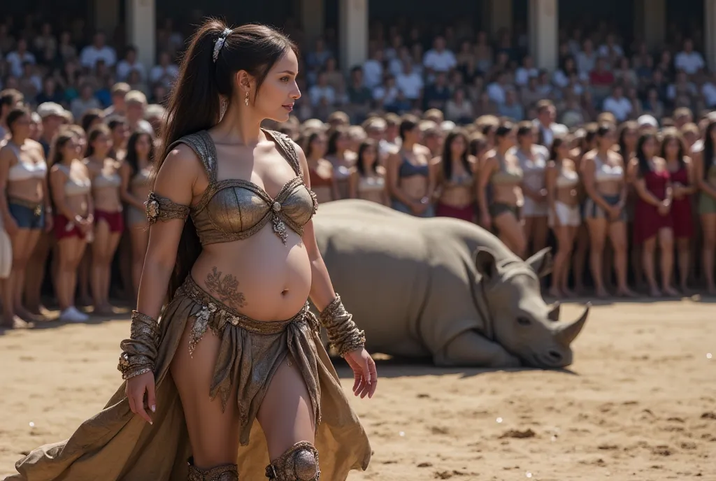 Voluptuous pregnant beauty wearing woder woman costume, large hip, large thigh, tied-up hair,
she is walking and carrying the knight after a victory match against a rhinoceros in the gladiator arena with spectators around, the rhinoceros was lying down sle...