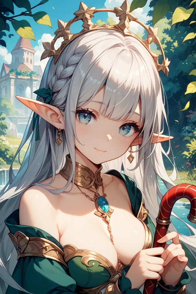 Female elf holding a cane character silver hair illustration, no background, icon style, no background, cute little character
