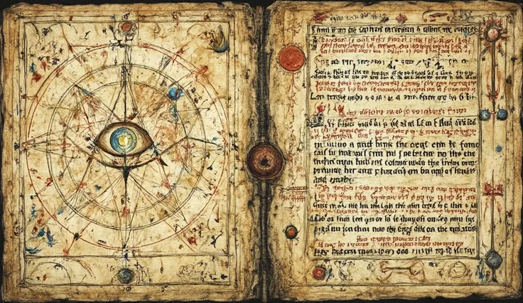 A highly detailed medieval esoteric manuscript illustration depicting an ancient codex with a hidden message concealed within sacred geometric patterns. A mystical eye glows at the center, symbolizing hidden wisdom waiting to be discovered. The parchment i...