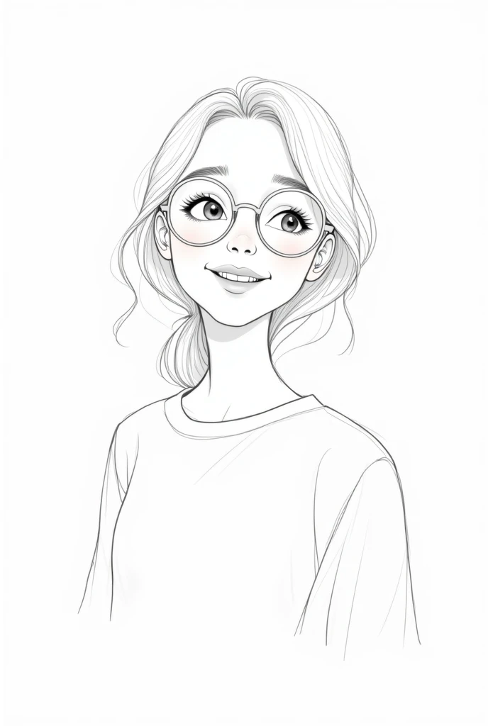 Draw a smiling woman with glasses in line drawing