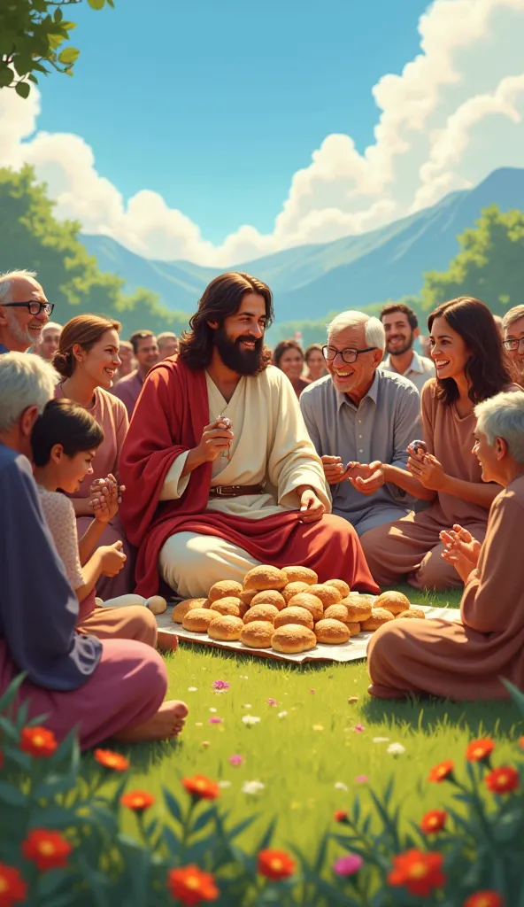 Crowd eating and sharing the loaves and fishes and together with Jesus Christ the people 
 Sitting on the grass, smiling and sharing the breads and fishes. Excited s bite the rolls while the elderly chat joyfully. The scenery is full of vibrant colors, wit...