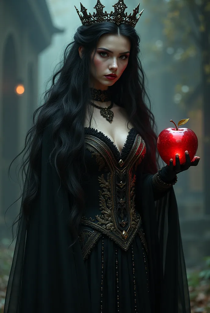 Girl,Black long hair，Black Queen，accessories，Apple in hand，Poison apples，Witch Queen，Red lipstick