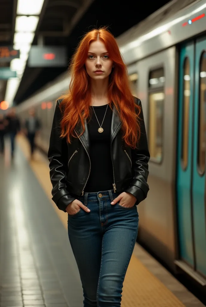 Beautiful redhead girl 25-30 years old with red wavy long hair in a black leather jacket, black top and jeans , wearing sneakers Standing on the platform in front of the train with his face and body facing the camera,   The camera captures her from afar , ...