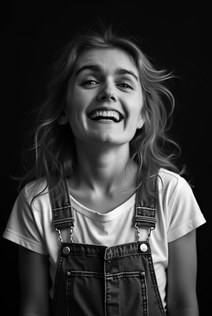 Image is a black and white portrait photograph featuring a person with light skin and long, tousled hair. The subject is smiling broadly with eyes closed, conveying a sense of joy and spontaneity. They are wearing a white t-shirt underneath denim overalls,...