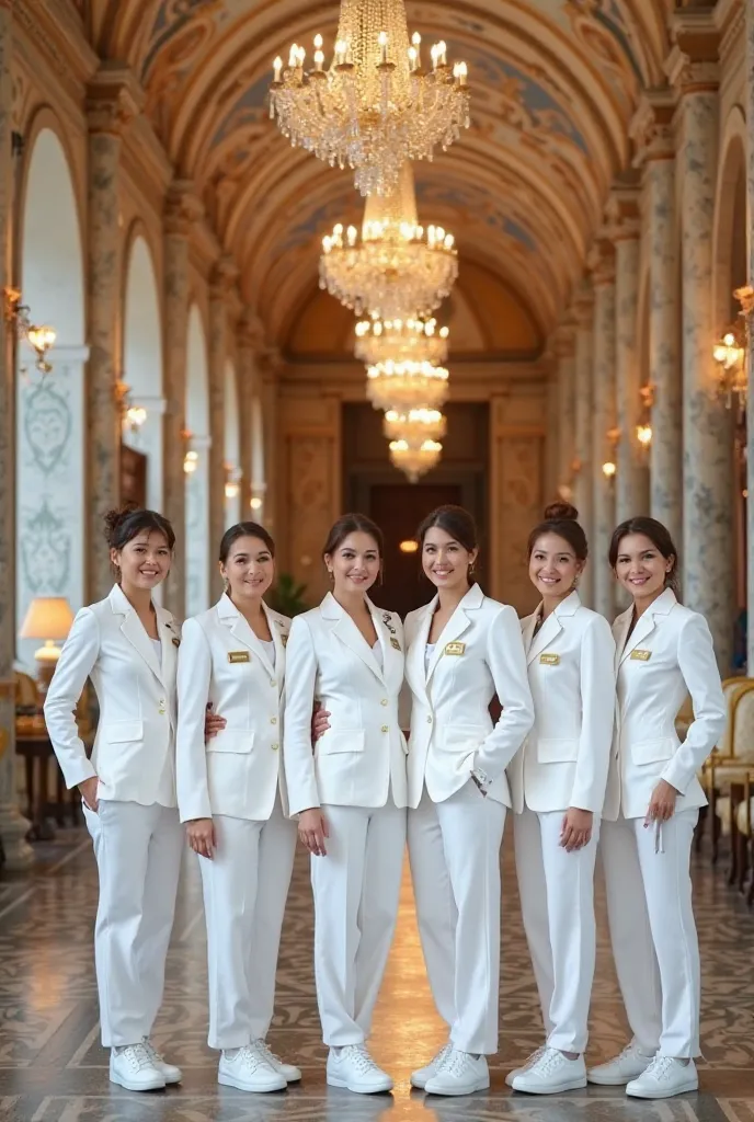 employees, 5 women and 4 men ,  hugged, wearing the same uniform , white blazer,  white pants, white shoes and a badge written "VISCONTI RESORT" A long corridor with a richly decorated vaulted ceiling in European style mansions of Paris, crystal chandelier...