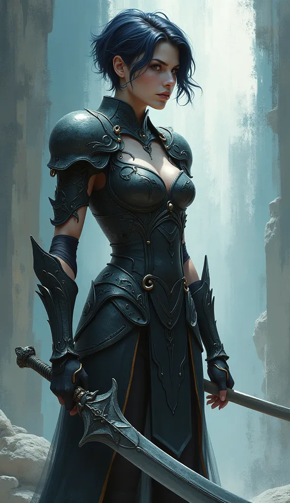 Image is a digital artwork featuring a female warrior in a fantasy setting. She stands confidently, holding a large, curved sword in her right hand. Her skin is pale, and she has short, dark hair styled to one side. Her facial expression is serious, with s...