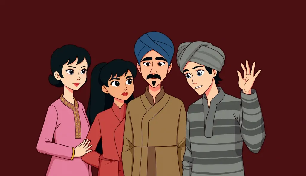 Image is a digital illustration with a dark red background, featuring four animated characters in the foreground. On the left, a woman with light skin and short black hair wears a pink traditional outfit with gold embroidery. Next to her, another woman wit...