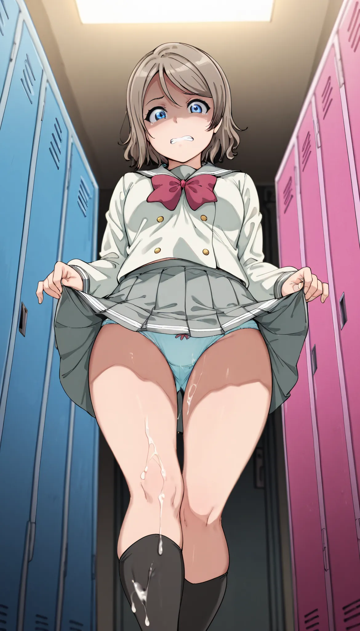 lift skirt,standing,focus on panties, 
,looking down at viewer, from below, very low-angle shot, View from below},
,BREAK,

you watanabe, watanabe-uniform, 1girl, blue eyes, short hair, brown hair, uranohoshi school uniform, school uniform, skirt, pleated ...