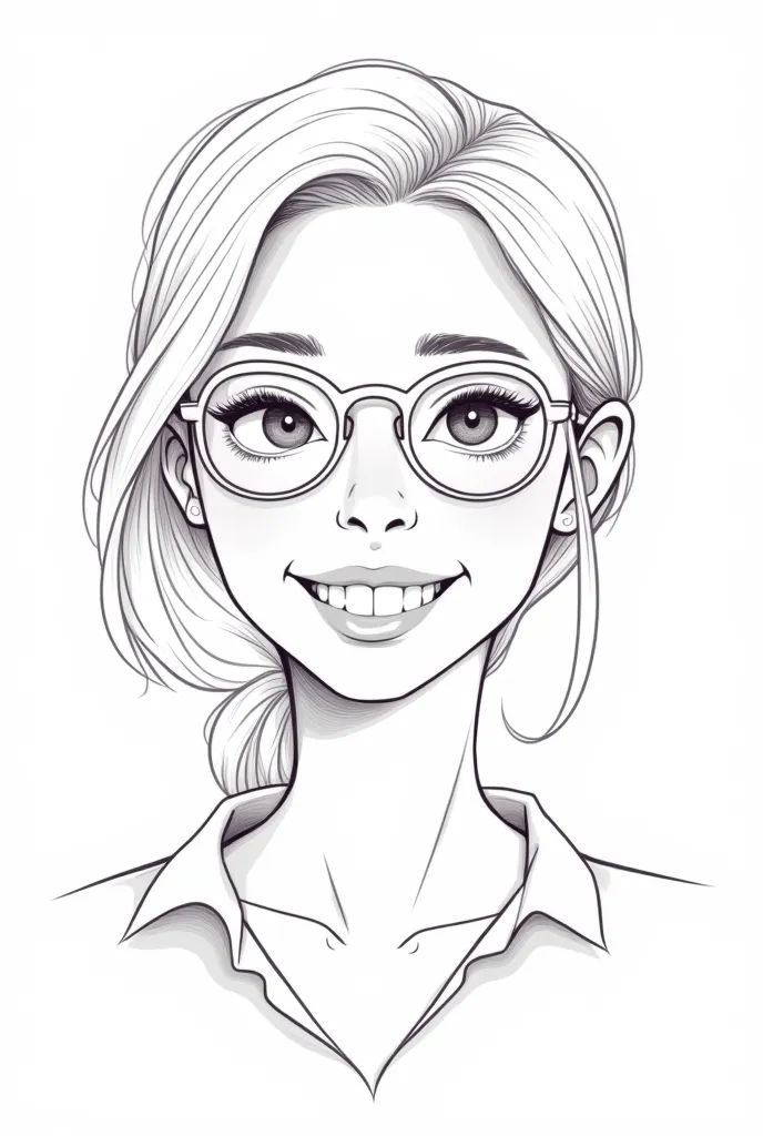 Draw a smiling adult woman with glasses in line drawing