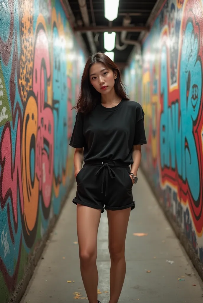  A beautiful Korean woman stands in front of a wall filled with colorful graffiti. The graffiti featured various images, including monkeys,  and the inscription  "Anyun".the woman was wearing a sagging model's black t-shirt, black shorts,  and sneakers , a...