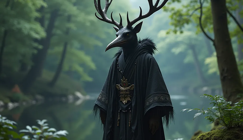 Dreadful Tentengu、((It looks like a human, but its face looks like a combination of a tengu and a deer:2.0))、black tengu costume、Scary look、don't have conversations、Scary look、Realistic and detailed texture The habitat is a deep forest with a beautiful lak...