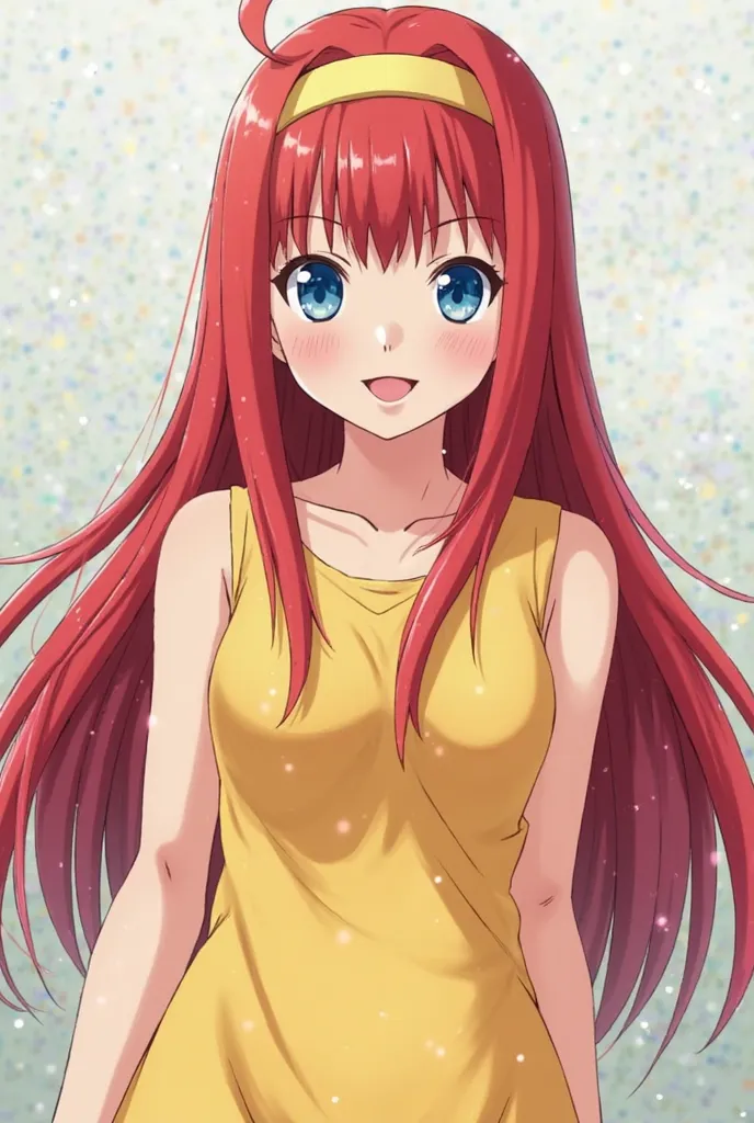 Female character in the pattern of characters from the anime Naruto,  with long straight hair voluminous red,  eye color blue, Delicate dress in the color yellow, smile like Naruto and with the kononha headband