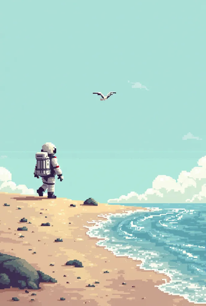 An astronaut walking on the beach using pixel art