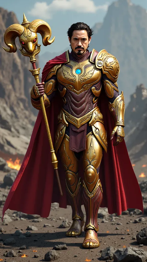 Robert Downey Jr. reimagined as a majestic human-Aries hybrid walking and holding a golden war hammer, dramatic atmosphere, 1 male、
short, dark brown hair, sharp brown eyes, and well-defined facial features. Small, curved ram-like horns protrude from his...