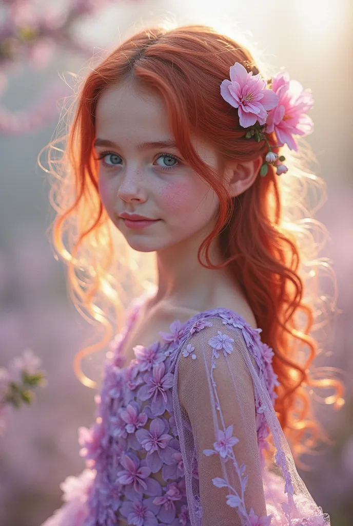 "Create a professional photograph of a young and beautiful girl that captures the essence of a spring fairy. The girl should be adorned in a delicate purple lace suit, intricately designed with floral patterns that complement her natural beauty. Her hair s...