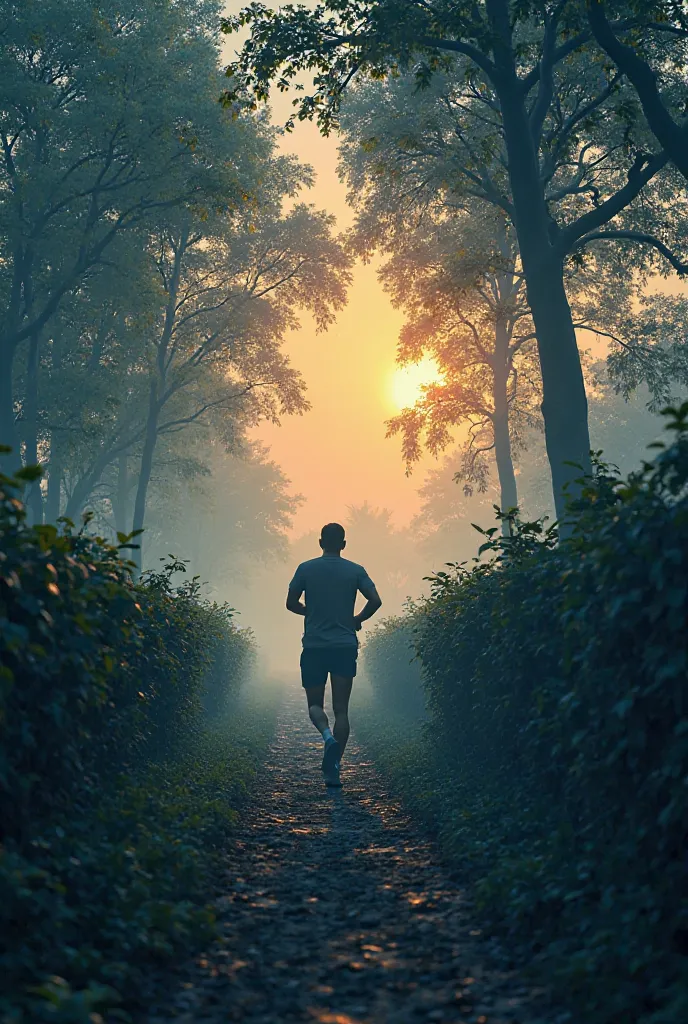 1. The man running among the trees and the hedges in the haze of twilight
